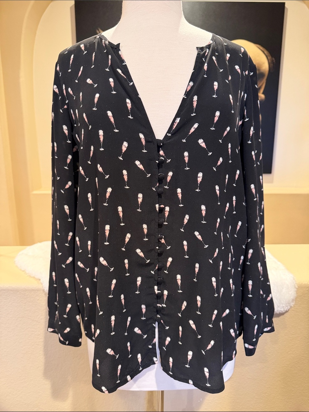 Joie Silk Button-Front V-Neck Blouse with Champagne Glass Print